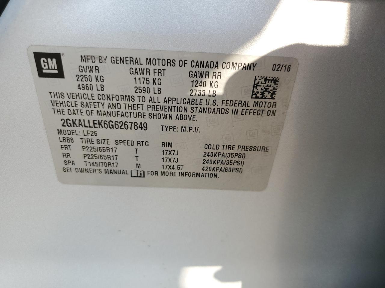 2016 GMC Terrain VIN 2GKALLEK6G6267849 Copart auction photo, water/flood / side damage thumbnail 15