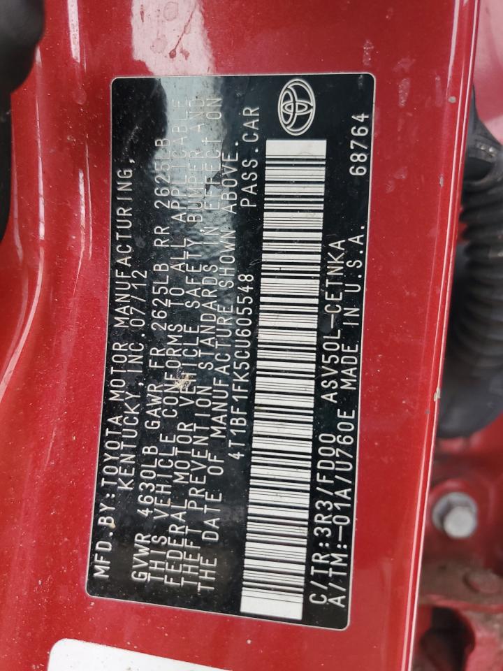 2012 Toyota Camry VIN 4T1BF1FK5CU605548 Copart auction photo, all over damage thumbnail 14