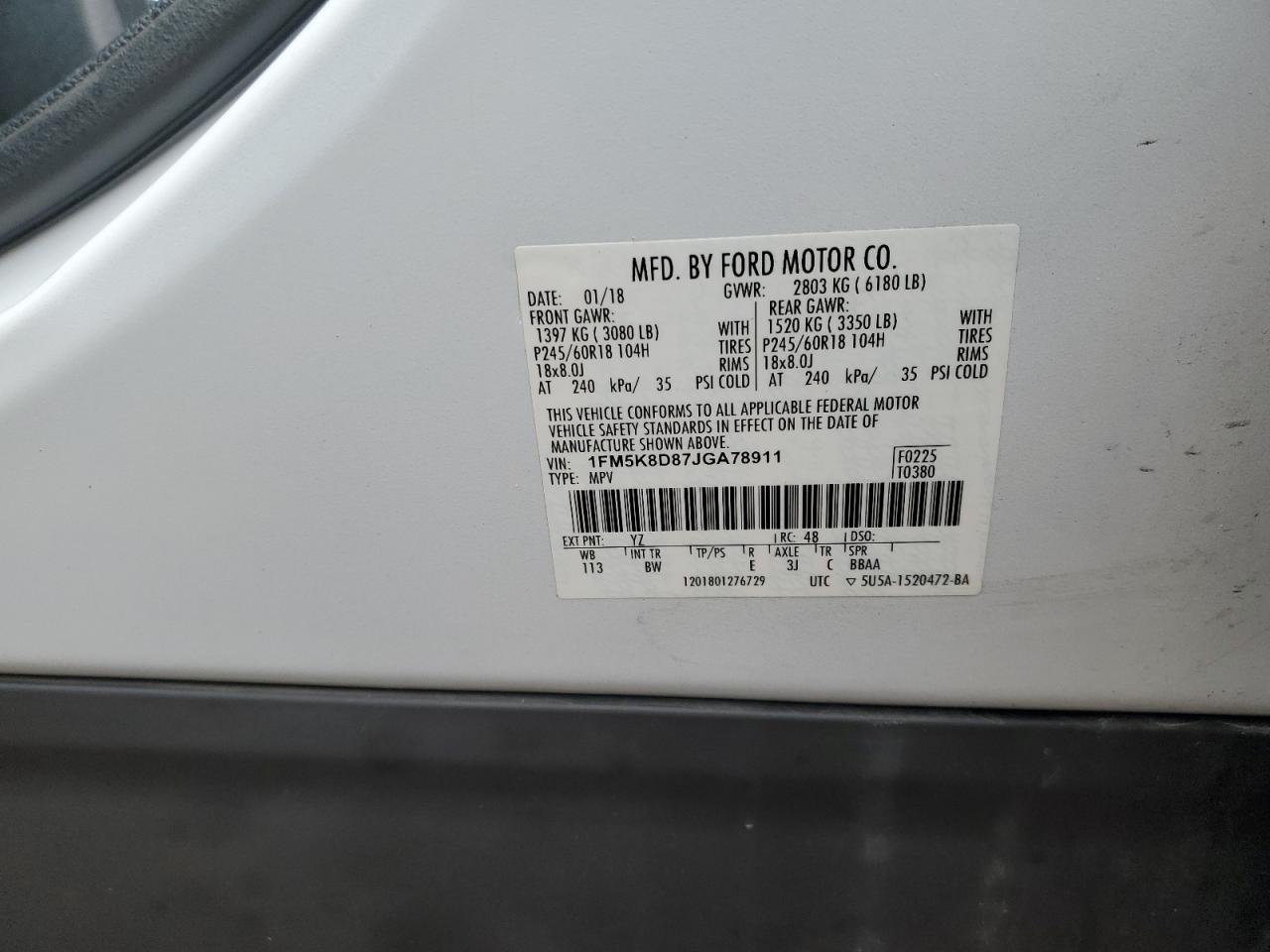 2018 Ford Explorer VIN 1FM5K8D87JGA78911 Copart auction photo, front end damage thumbnail 15