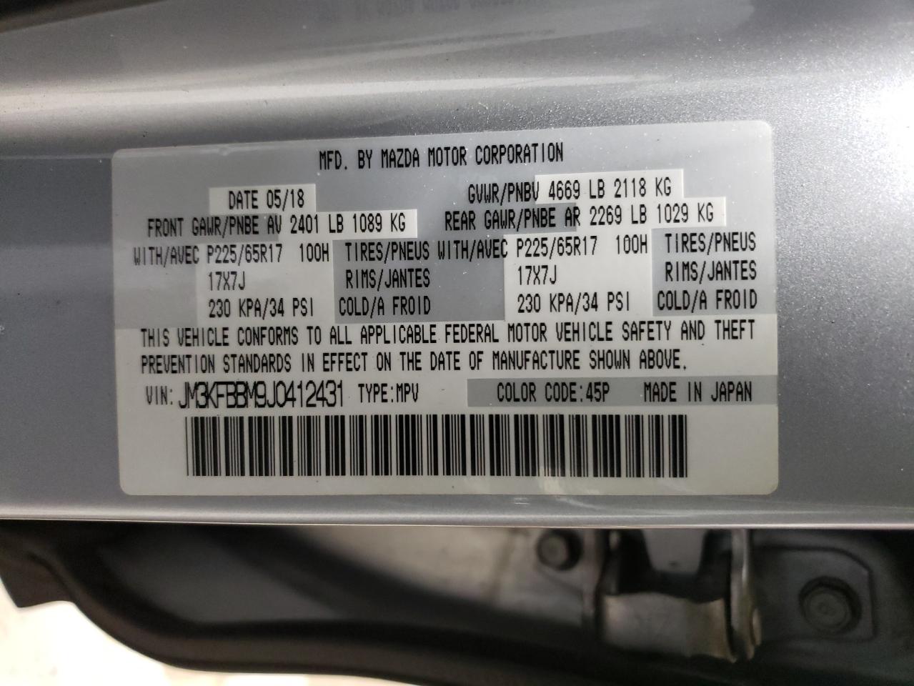 2018 Mazda CX-5 VIN JM3KFBBM9J0412431 Copart auction photo, front end damage thumbnail 13