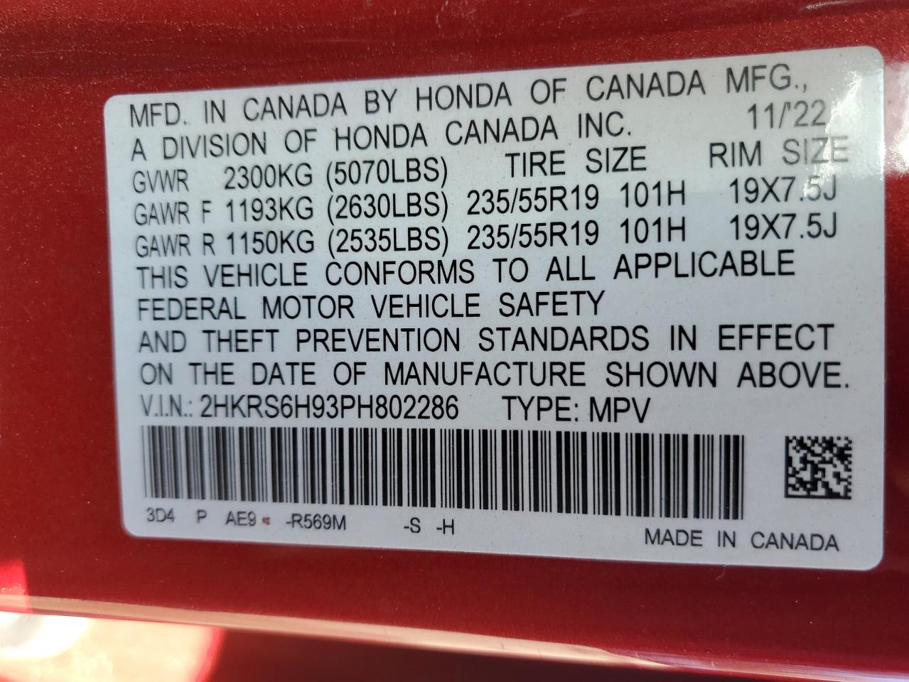 2023 Honda CR-V VIN 2HKRS6H93PH802286 Copart auction photo, front end damage thumbnail 14