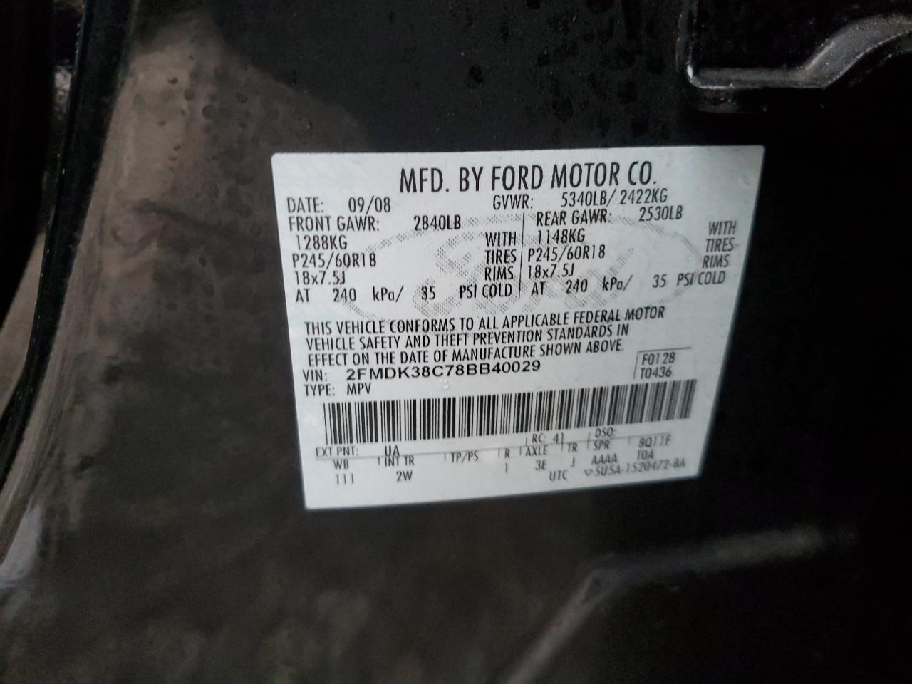 2008 Ford Edge VIN 2FMDK38C78BB40029 Copart auction photo, front end damage thumbnail 13