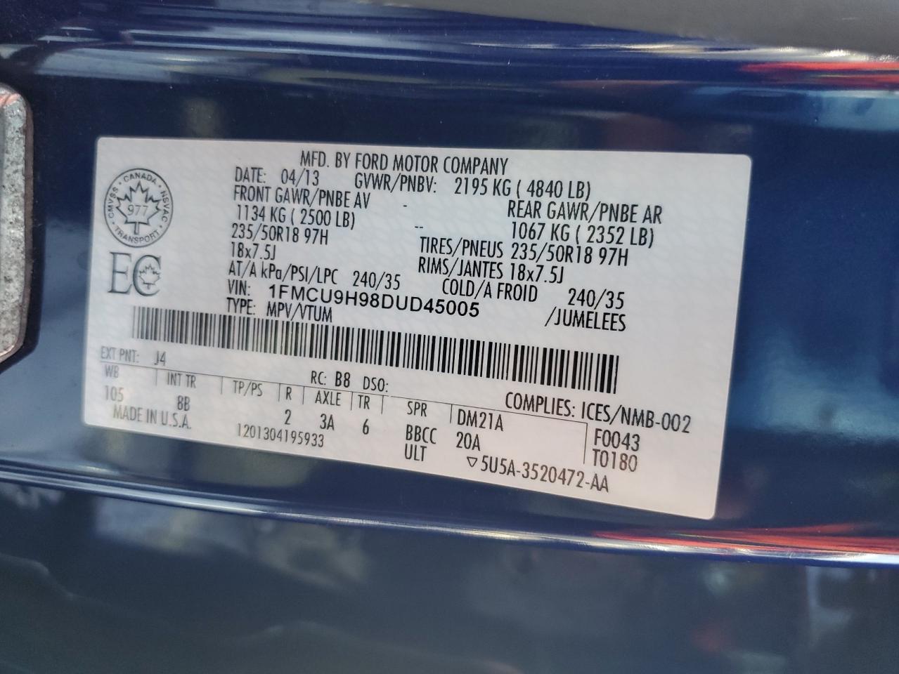 2013 Ford Escape VIN 1FMCU9H98DUD45005 Copart auction photo, side damage thumbnail 14