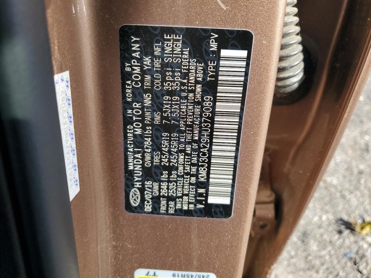 2017 Hyundai Tucson VIN KM8J3CA29HU379089 Copart auction photo, front end / minor dent/scratches damage thumbnail 13