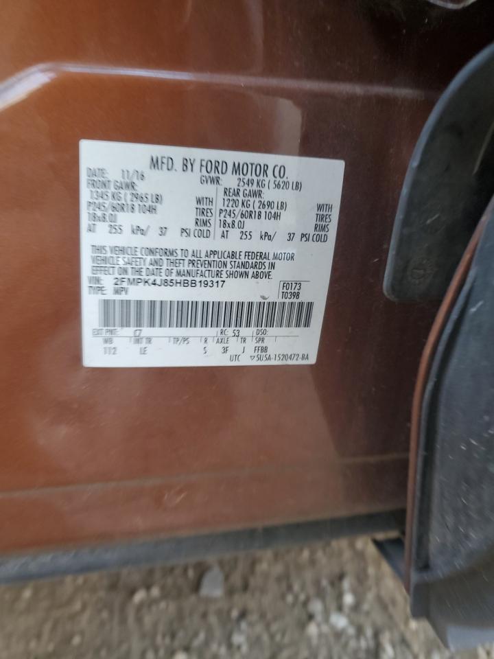 2017 Ford Edge VIN 2FMPK4J85HBB19317 Copart auction photo, front end / side damage thumbnail 13
