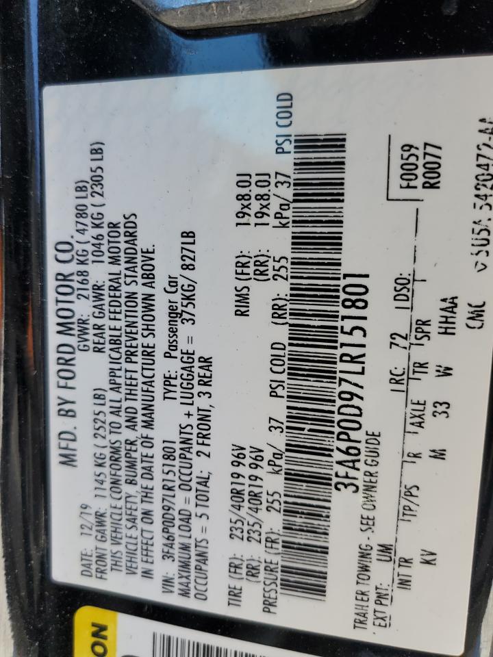 2020 Ford Fusion VIN 3FA6P0D97LR151801 Copart auction photo, front end / mechanical damage thumbnail 14