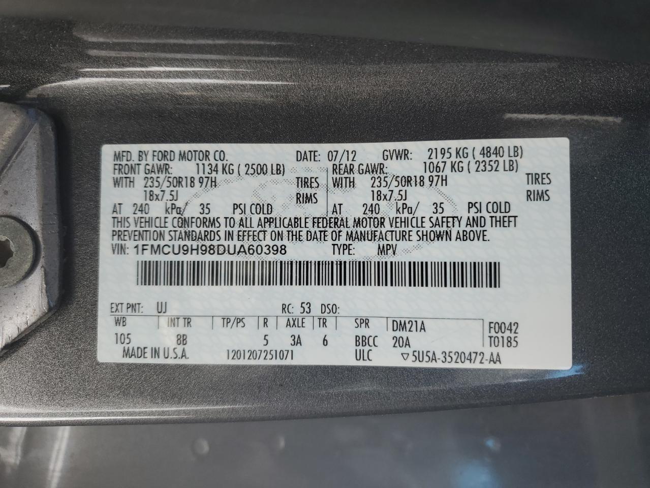 2013 Ford Escape VIN 1FMCU9H98DUA60398 Copart auction photo, front end / hail damage thumbnail 15