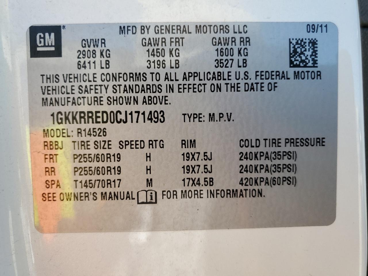 2012 GMC Acadia VIN 1GKKRRED0CJ171493 Copart auction photo, front end / minor dent/scratches damage thumbnail 14