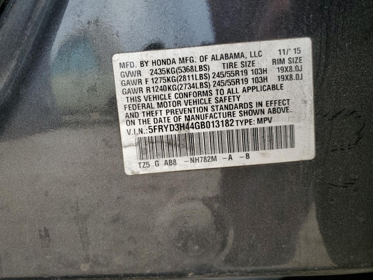 2016 Acura MDX VIN 5FRYD3H44GB013182 Copart auction photo, mechanical damage thumbnail 14