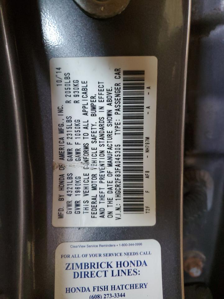 2015 Honda Accord VIN 1HGCR2F83FA045305 Copart auction photo, front end damage thumbnail 12