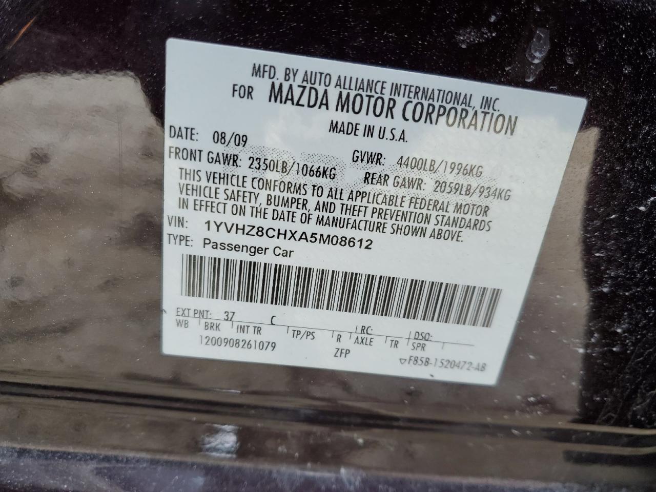 2010 Mazda 6 VIN 1YVHZ8CHXA5M08612 Copart auction photo, front end / side damage thumbnail 14