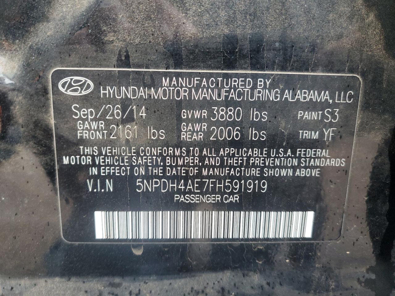 2015 Hyundai Elantra VIN 5NPDH4AE7FH591919 Copart auction photo, side / all over damage thumbnail 14
