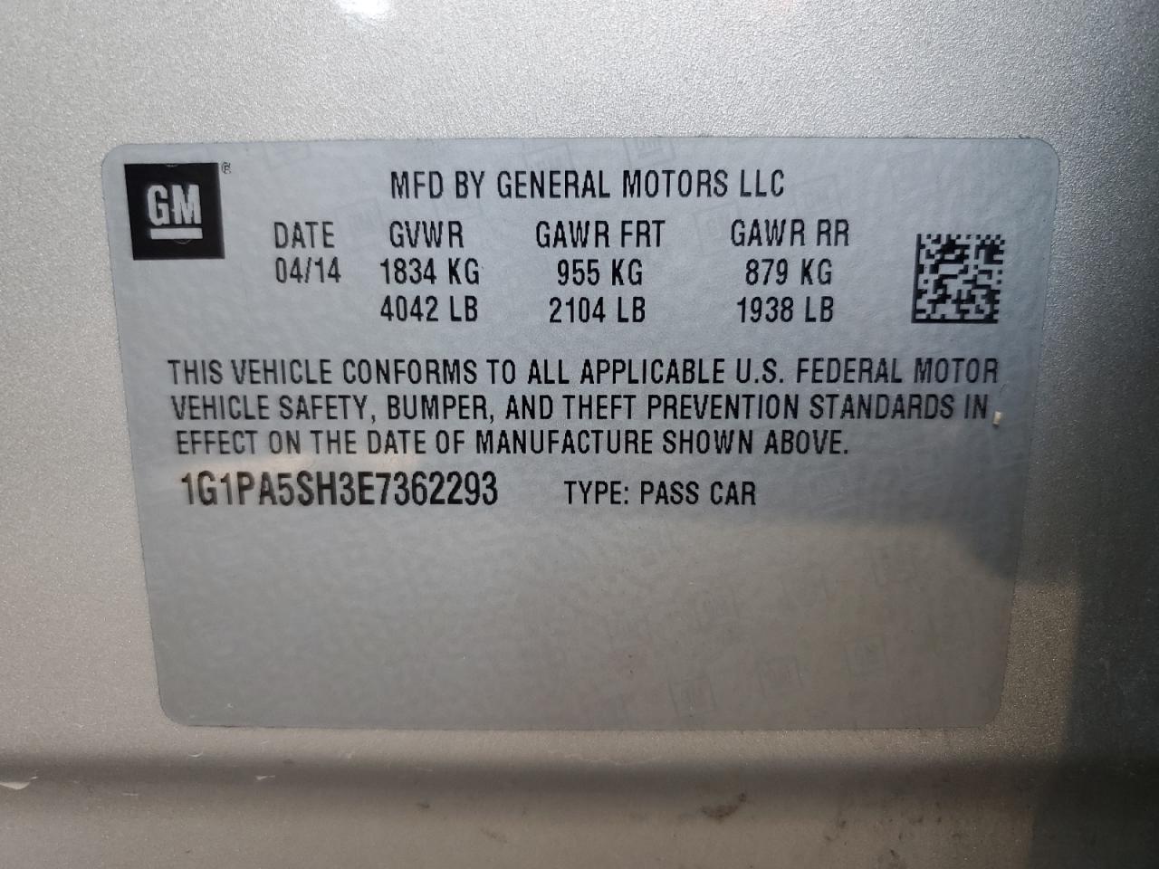 2014 Chevrolet Cruze VIN 1G1PA5SH3E7362293 Copart auction photo, water/flood / undercarriage damage thumbnail 13