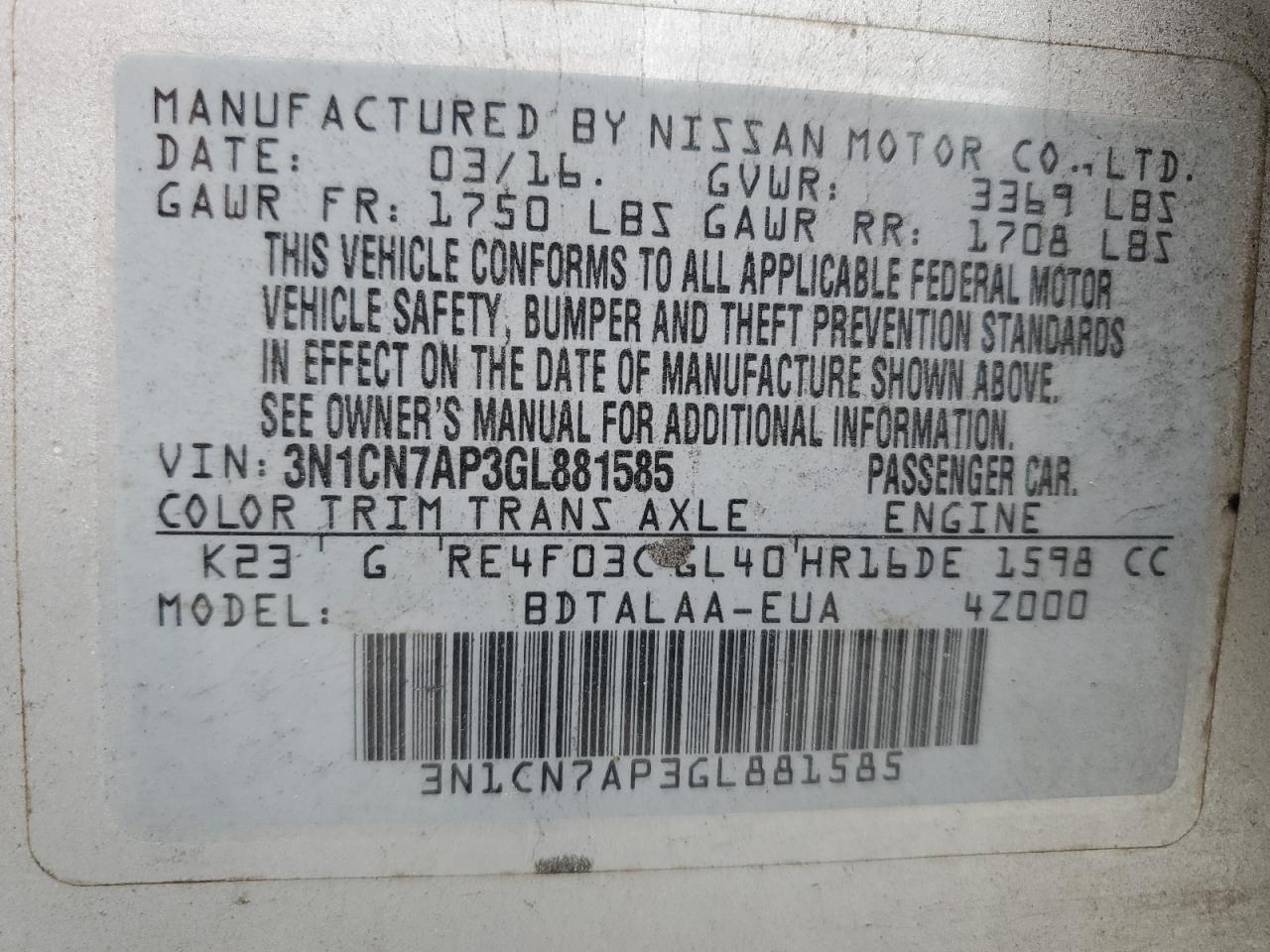 2016 Nissan Versa VIN 3N1CN7AP3GL881585 Copart auction photo, rear end / side damage thumbnail 14