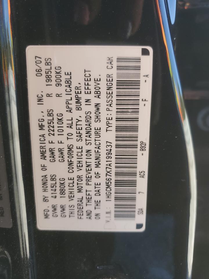 2007 Honda Accord VIN 1HGCM567X7A199437 Copart auction photo, front end / rear end damage thumbnail 12