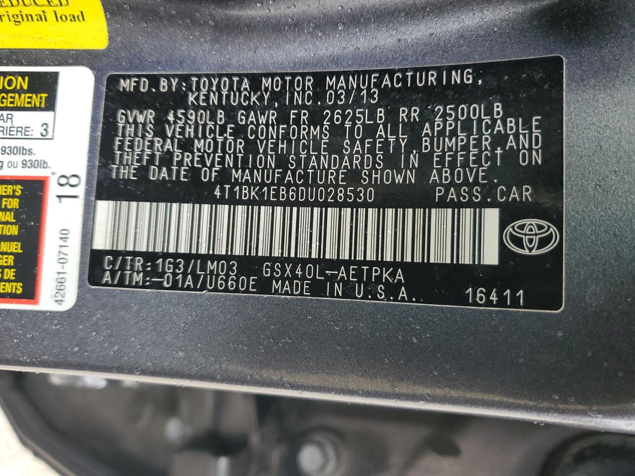 2013 Toyota Avalon VIN 4T1BK1EB6DU028530 Copart auction photo, front end / side damage thumbnail 13