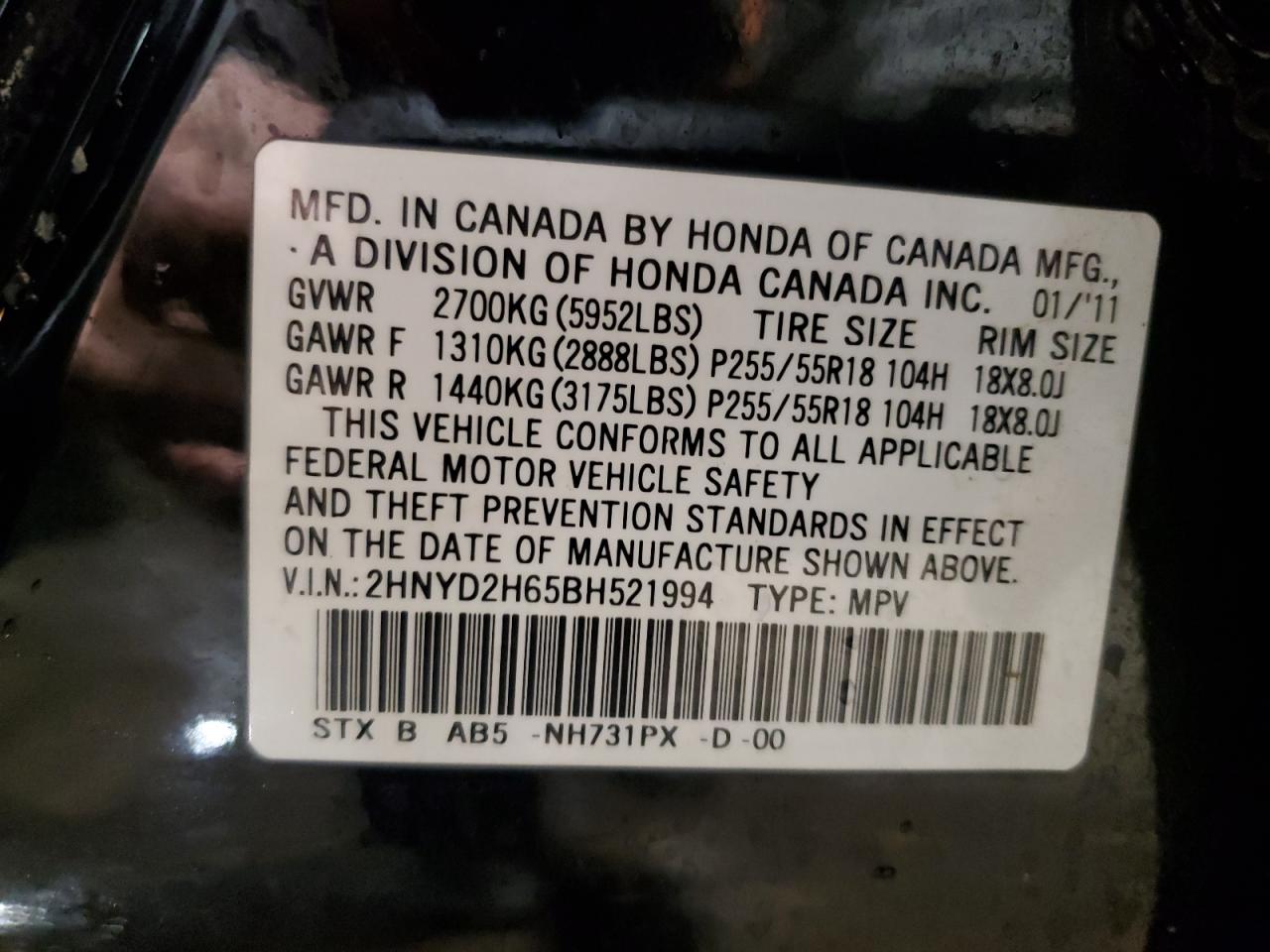 2011 Acura MDX VIN 2HNYD2H65BH521994 Copart auction photo, minor dent/scratches damage thumbnail 13