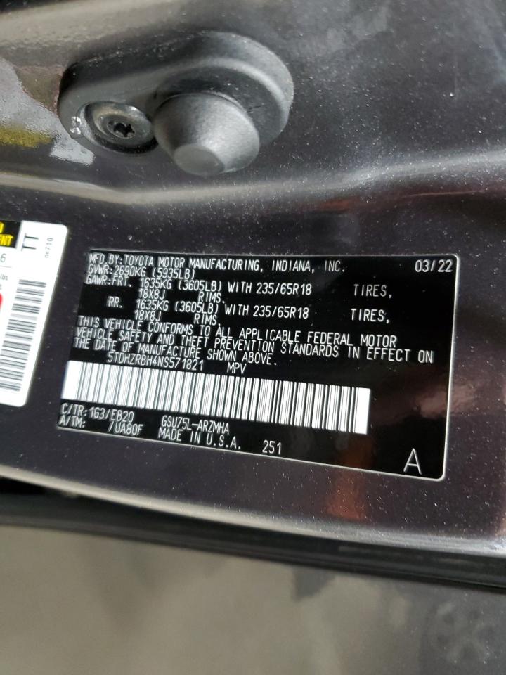 2022 Toyota Highlander VIN 5TDHZRBH4NS571821 Copart auction photo, water/flood damage thumbnail 15
