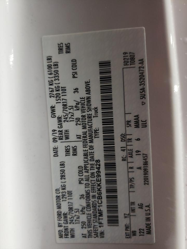 2019 Ford F-150 VIN 1FTMF1CB6KKE99428 Copart auction photo, front end damage thumbnail 13
