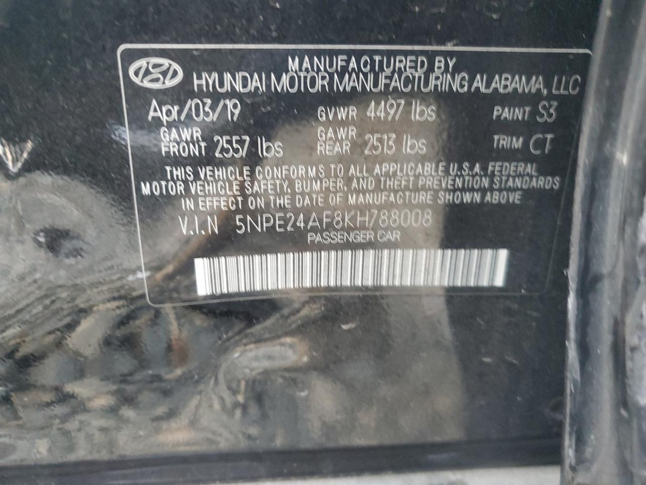 2019 Hyundai Sonata VIN 5NPE24AF8KH788008 Copart auction photo, vandalism / side damage thumbnail 12
