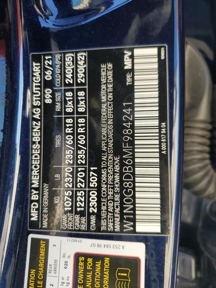 2021 Mercedes-Benz GLC VIN W1N0G8DB6MF984241 Copart auction photo, front end / side damage thumbnail 14
