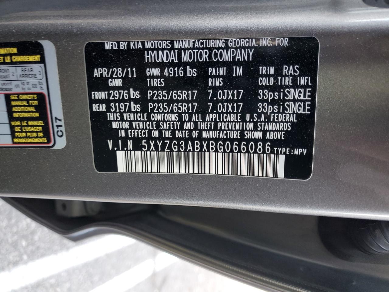 2011 Hyundai Santa Fe VIN 5XYZG3ABXBG066086 Copart auction photo, front end damage thumbnail 14