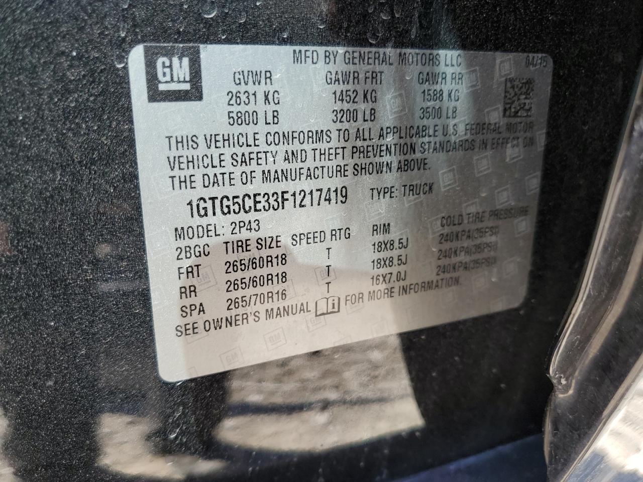 2015 GMC Canyon VIN 1GTG5CE33F1217419 Copart auction photo, rear end damage thumbnail 12