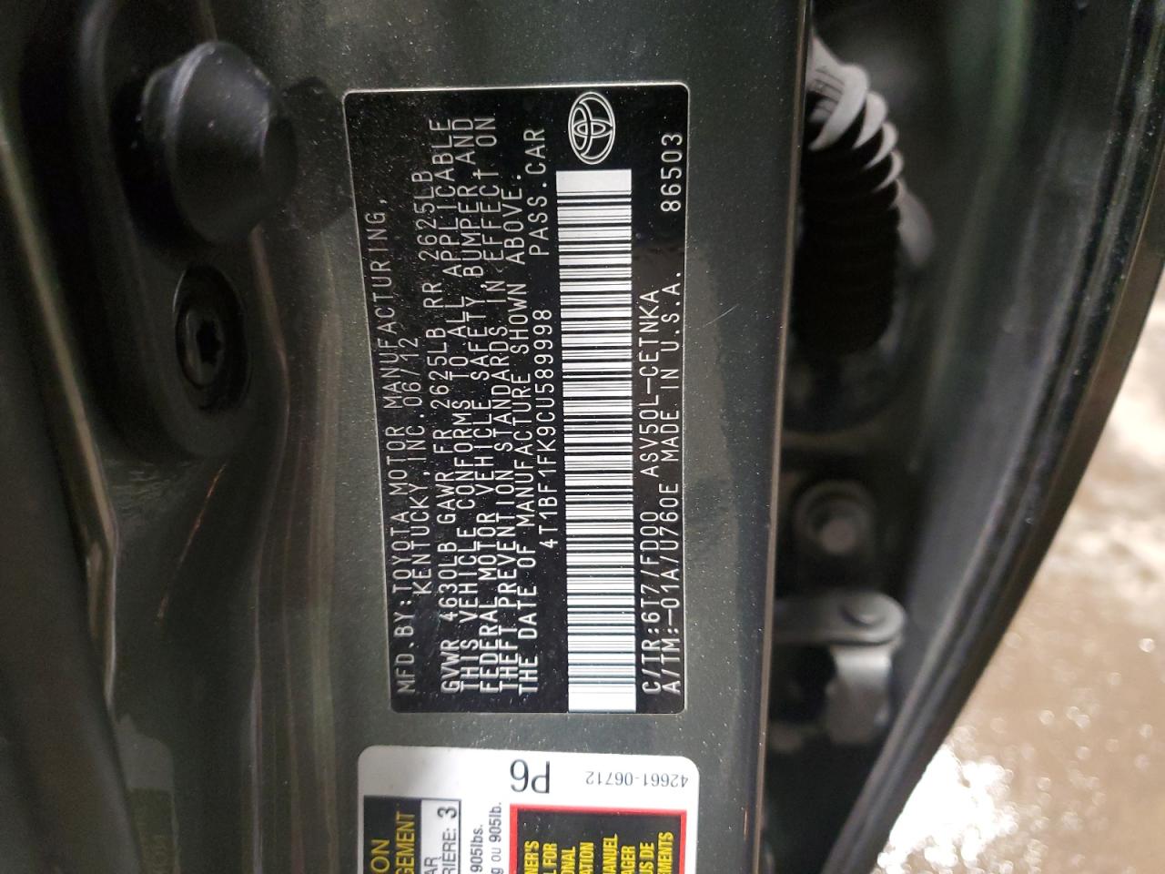 2012 Toyota Camry VIN 4T1BF1FK9CU589998 Copart auction photo, front end damage thumbnail 12