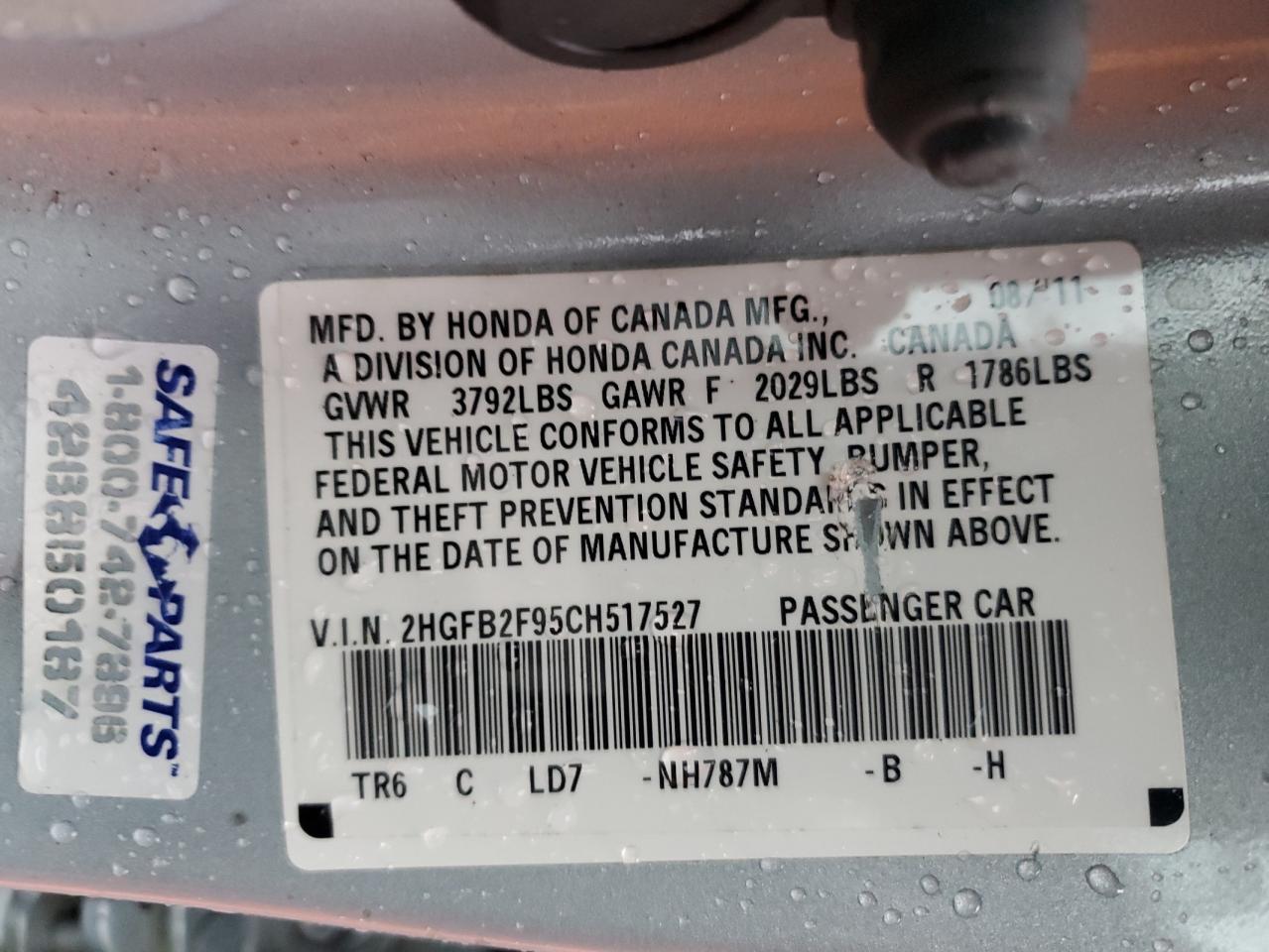 2012 Honda Civic VIN 2HGFB2F95CH517527 Copart auction photo, undercarriage damage thumbnail 12