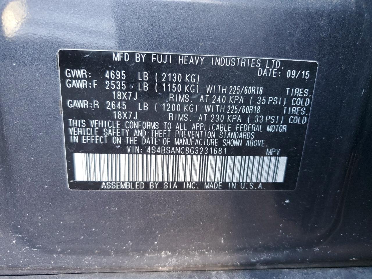 2016 Subaru Outback VIN 4S4BSANC8G3231681 Copart auction photo, rear end damage thumbnail 13