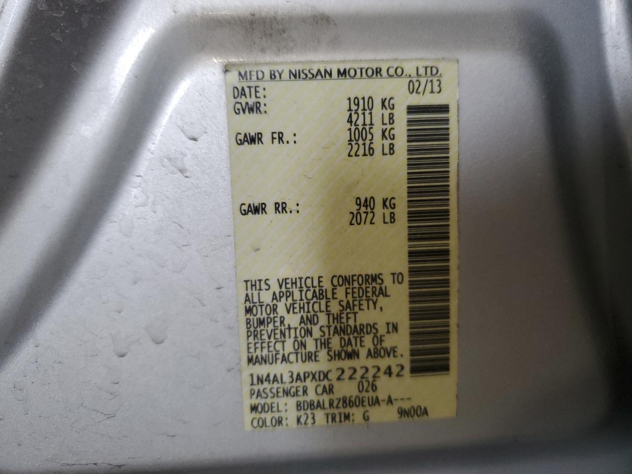 2013 Nissan Altima VIN 1N4AL3APXDC222242 Copart auction photo, front end / rear end damage thumbnail 14