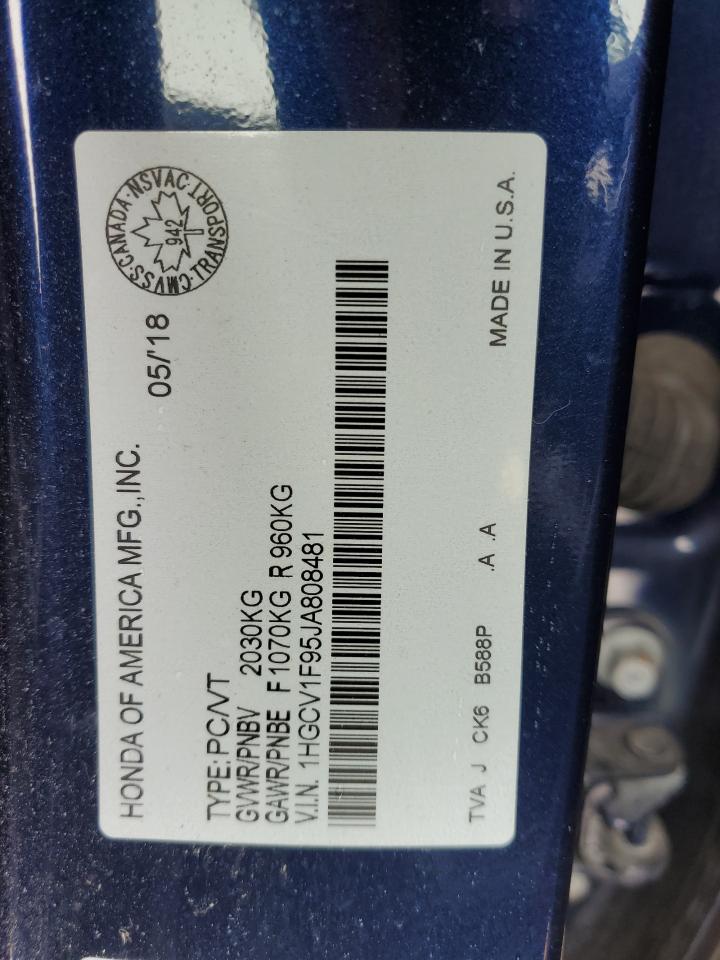 2018 Honda Accord VIN 1HGCV1F95JA808481 Copart auction photo, front end / side damage thumbnail 12