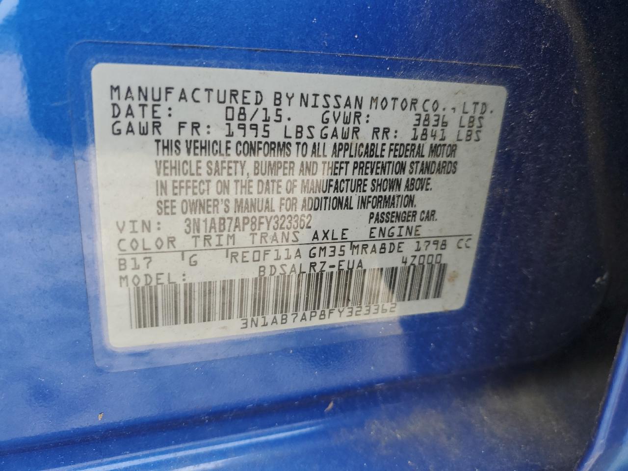 2015 Nissan Sentra VIN 3N1AB7AP8FY323362 Copart auction photo, front end damage thumbnail 12
