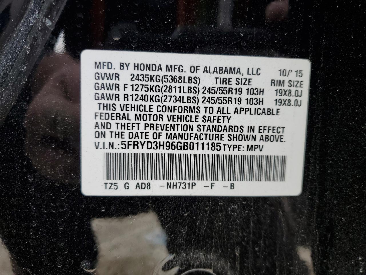 2016 Acura MDX VIN 5FRYD3H96GB011185 Copart auction photo, side / rear end damage thumbnail 15