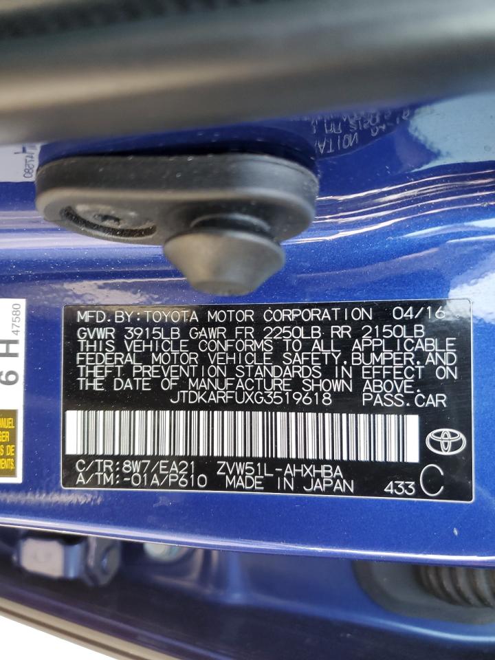 2016 Toyota Prius VIN JTDKARFUXG3519618 Copart auction photo, front end / minor dent/scratches damage thumbnail 14