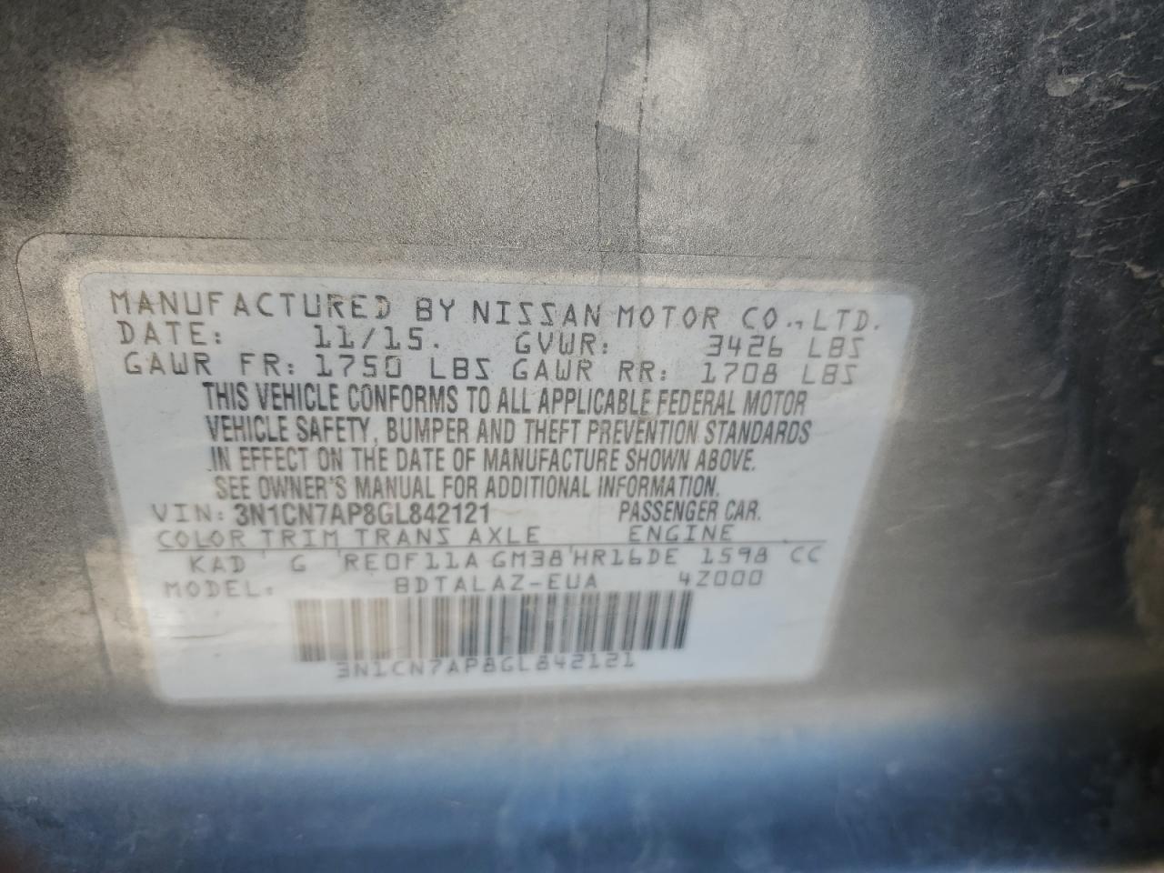 2016 Nissan Versa VIN 3N1CN7AP8GL842121 Copart auction photo, front end / minor dent/scratches damage thumbnail 12