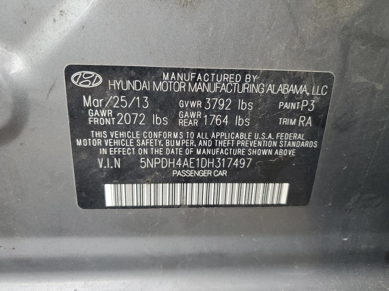 2013 Hyundai Elantra VIN 5NPDH4AE1DH317497 Copart auction photo, vandalism / front end damage thumbnail 12