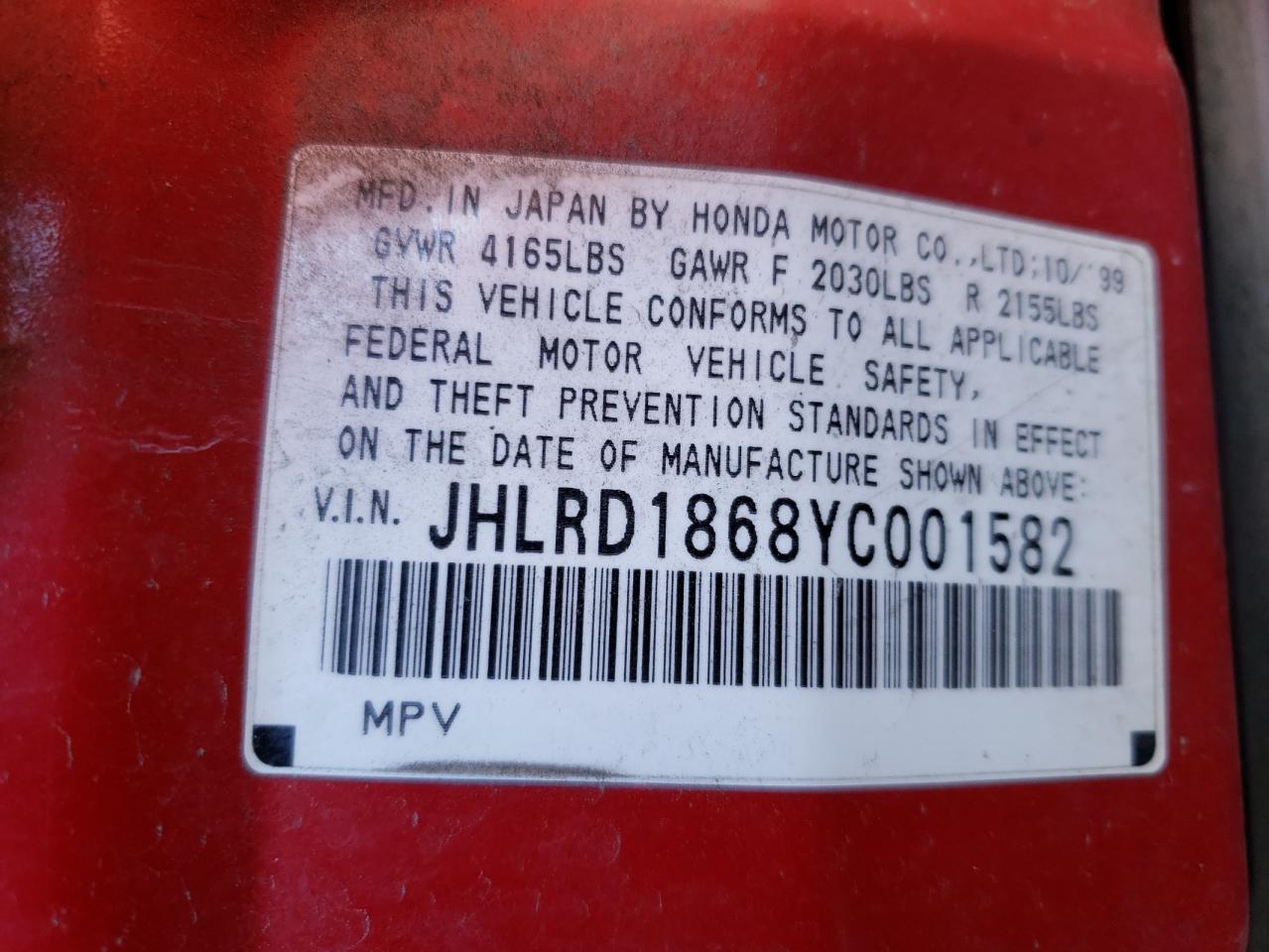 2000 Honda CR-V VIN JHLRD1868YC001582 Copart auction photo, rear end damage thumbnail 14