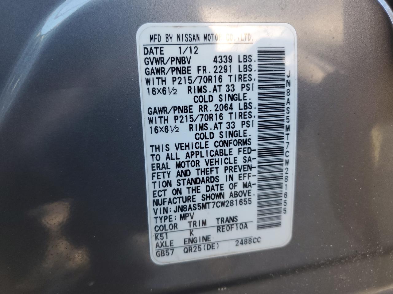 2012 Nissan Rogue VIN JN8AS5MT7CW281655 Copart auction photo, side / front end damage thumbnail 15