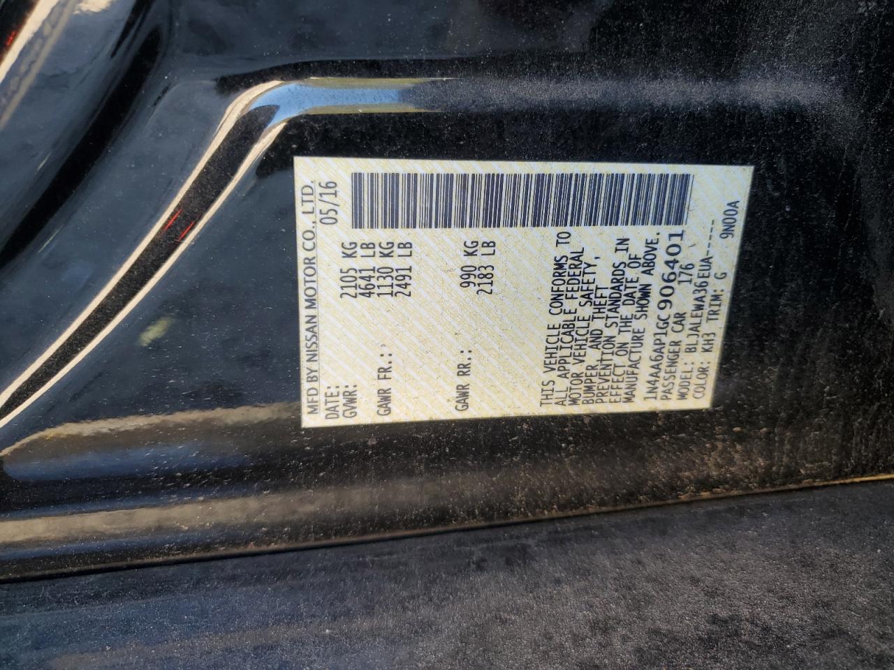 2016 Nissan Maxima VIN 1N4AA6AP1GC906401 Copart auction photo, front end damage thumbnail 14