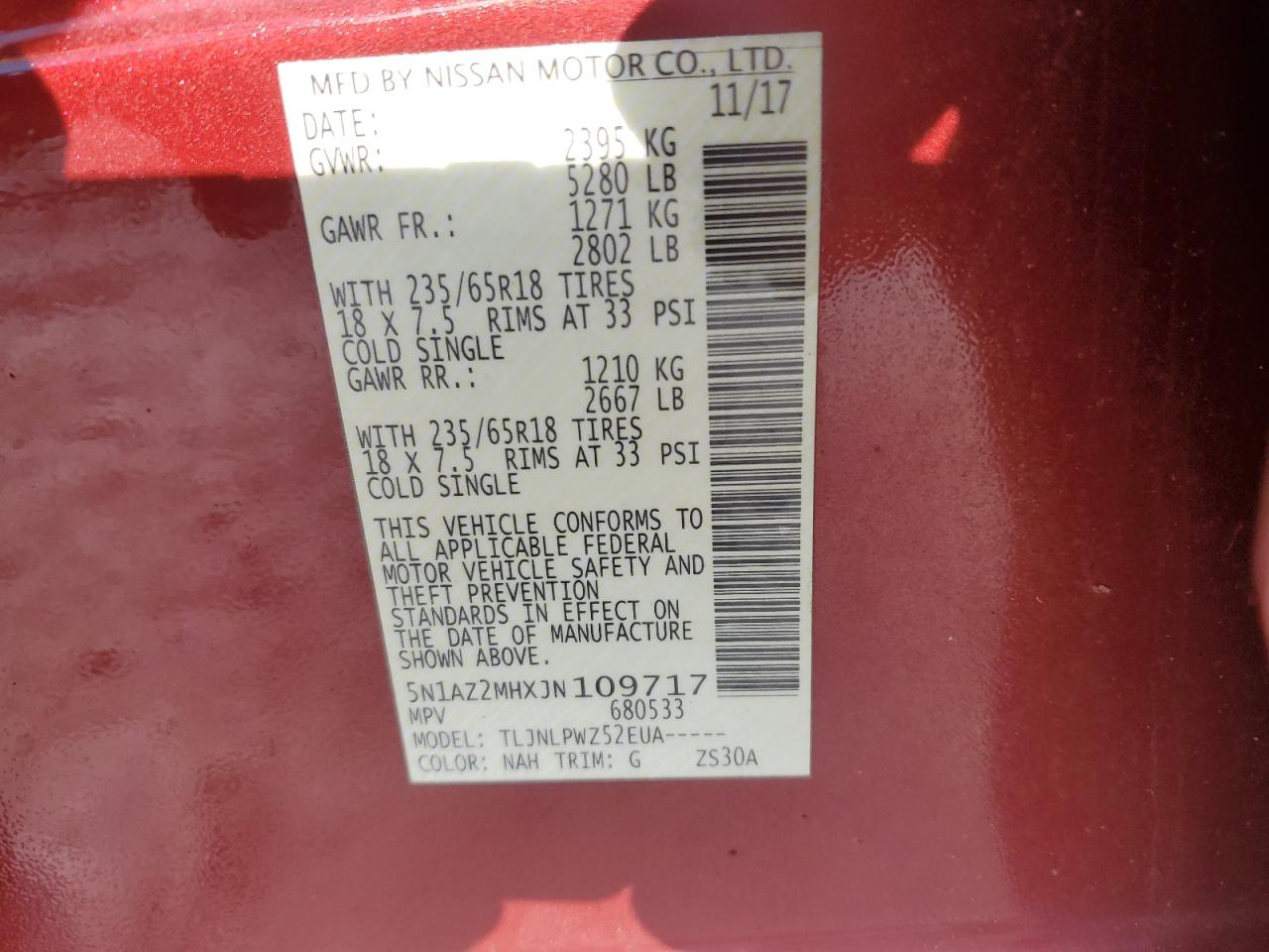 2018 Nissan Murano VIN 5N1AZ2MHXJN109717 Copart auction photo, front end damage thumbnail 12