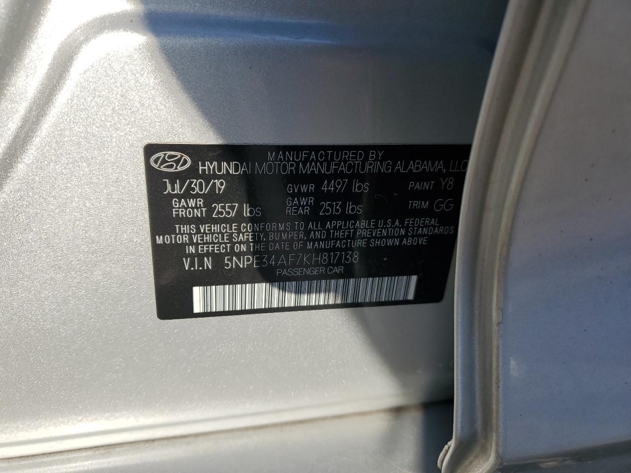 2019 Hyundai Sonata VIN 5NPE34AF7KH817138 Copart auction photo, front end damage thumbnail 12