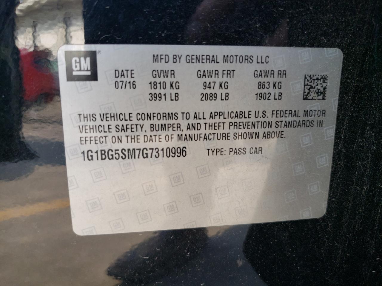 2016 Chevrolet Cruze VIN 1G1BG5SM7G7310996 Copart auction photo, front end / minor dent/scratches damage thumbnail 12