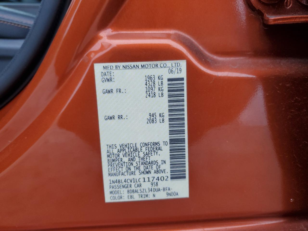 2020 Nissan Altima VIN 1N4BL4CV1LC117402 Copart auction photo, front end / all over damage thumbnail 13