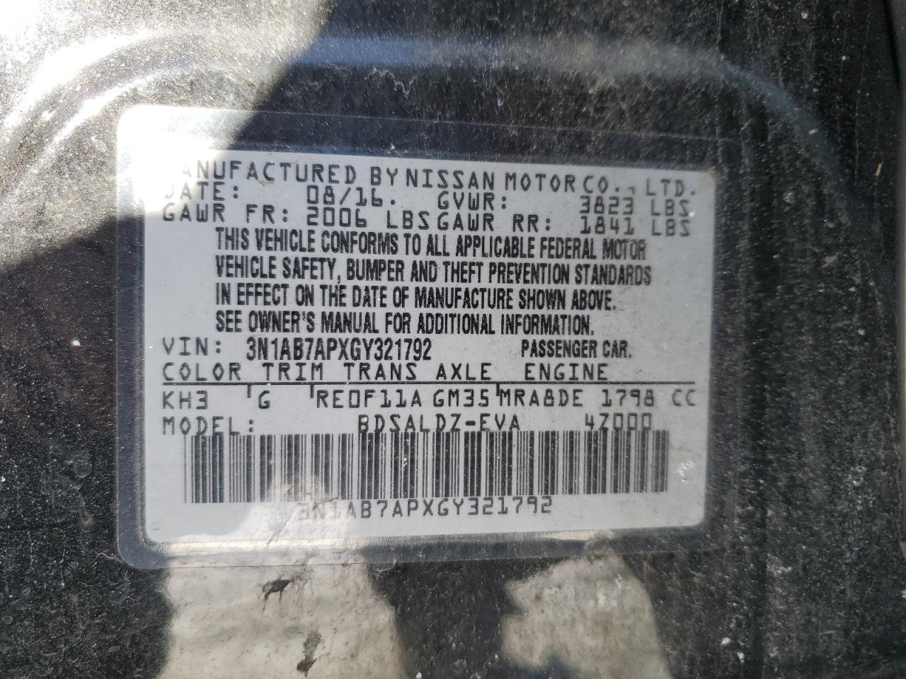 2016 Nissan Sentra VIN 3N1AB7APXGY321792 Copart auction photo, front end / undercarriage damage thumbnail 15