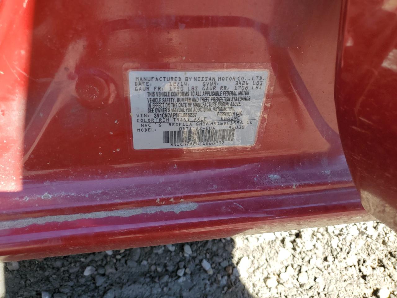 2015 Nissan Versa VIN 3N1CN7AP6FL888237 Copart auction photo, water/flood damage thumbnail 13