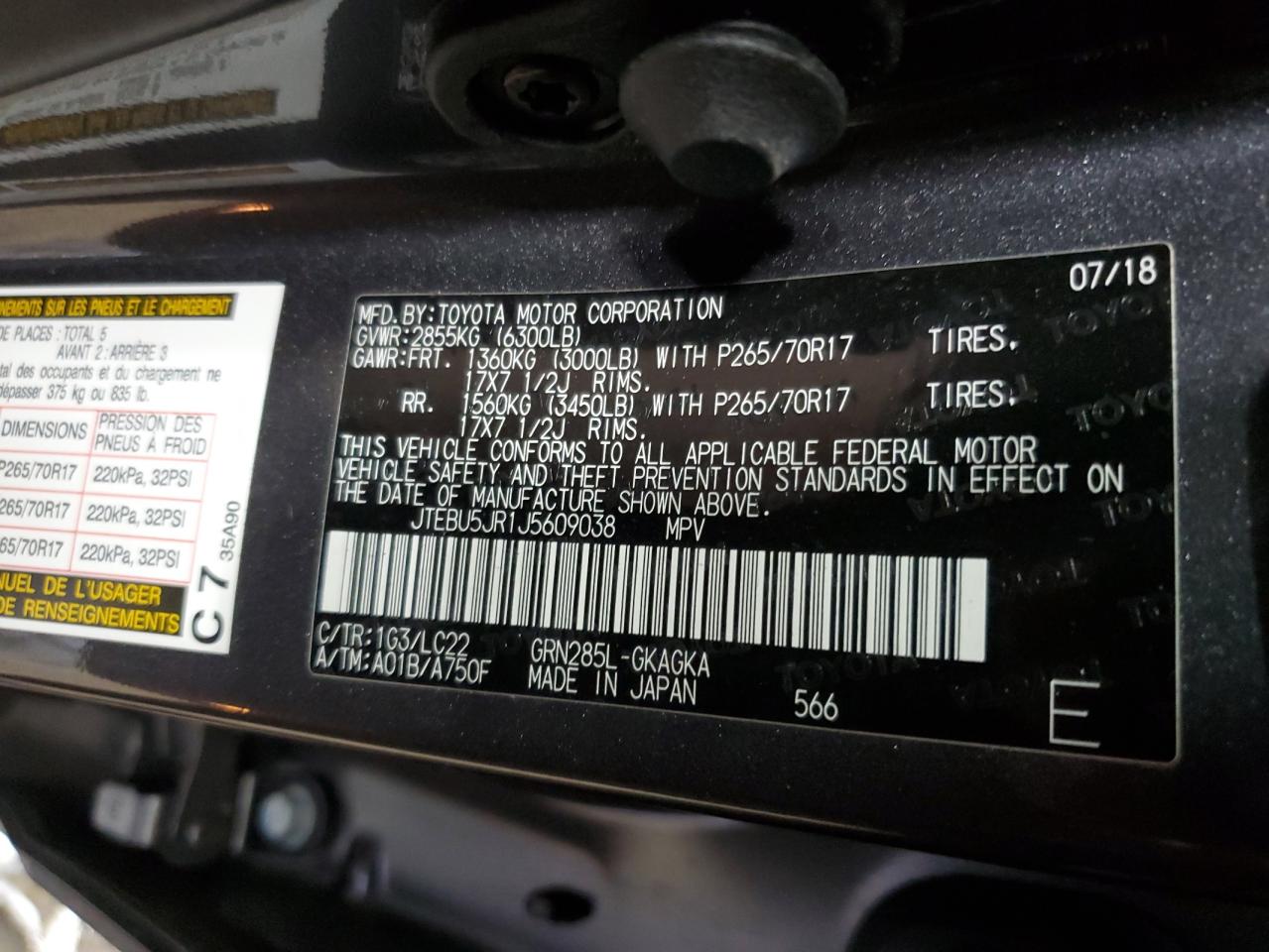 2018 Toyota 4Runner VIN JTEBU5JR1J5609038 Copart auction photo, biohazard/chemical / front end damage thumbnail 14