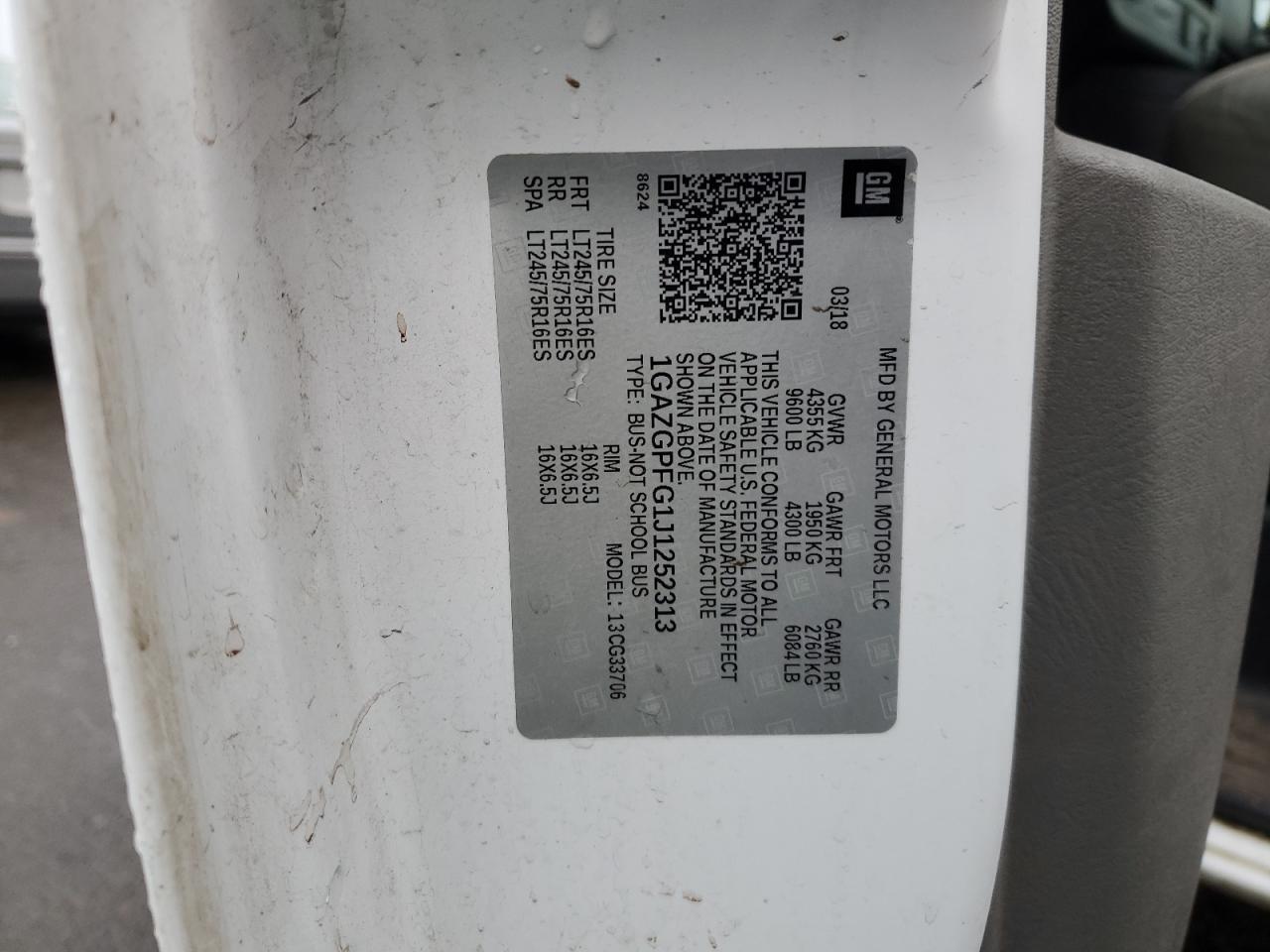 2018 Chevrolet Express VIN 1GAZGPFG1J1252313 Copart auction photo, rear end damage thumbnail 13