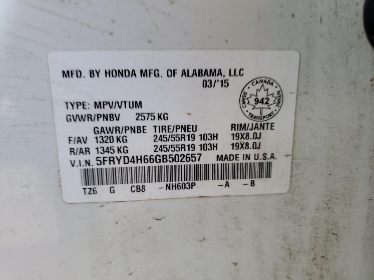 2016 Acura MDX VIN 5FRYD4H66GB502657 Copart auction photo, hail / minor dent/scratches damage thumbnail 14