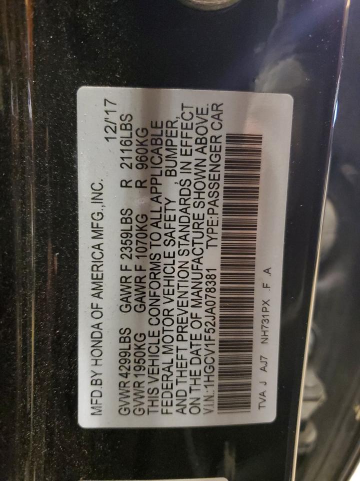 2018 Honda Accord VIN 1HGCV1F52JA078381 Copart auction photo, rear end / front end damage thumbnail 12